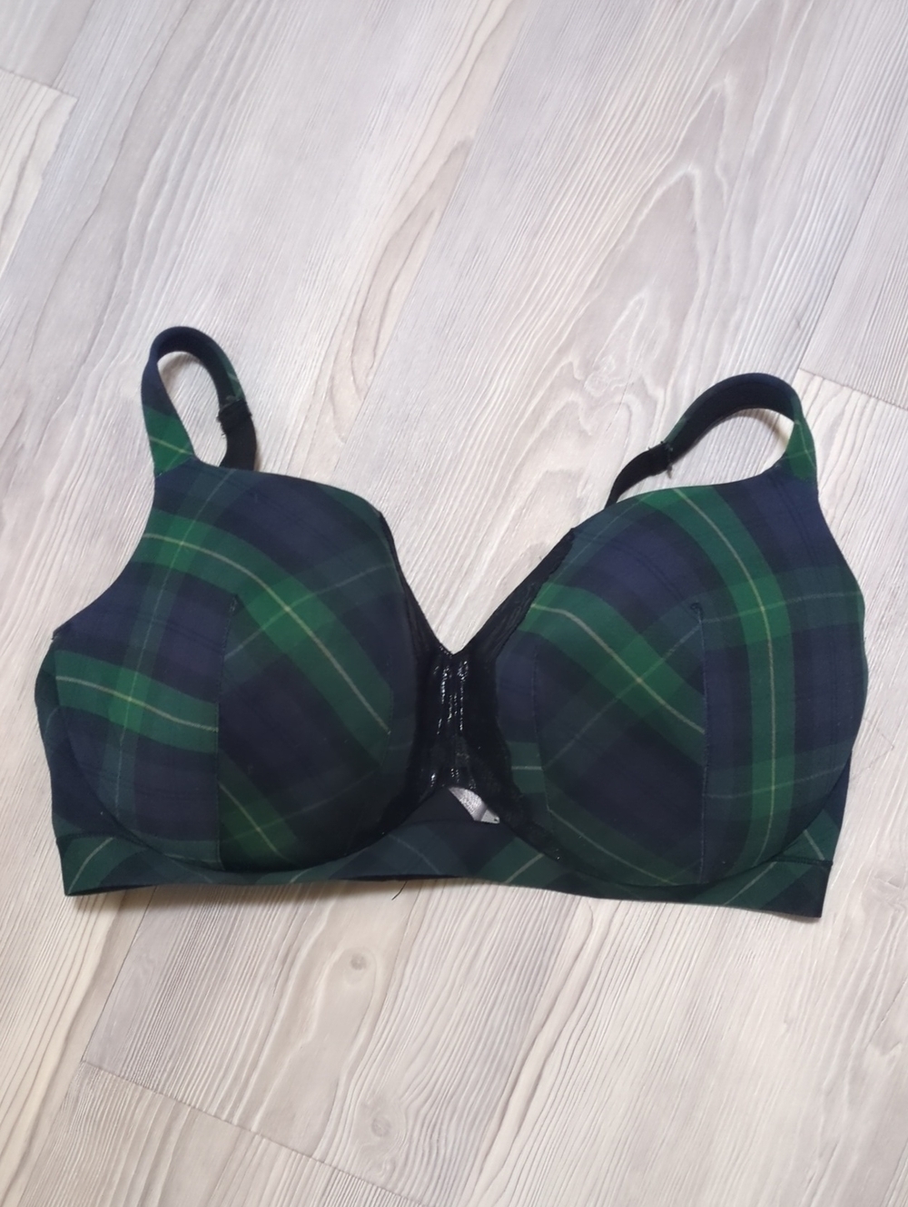 Cacique 42H Green Navy Tartan Plaid Full Coverage Bra Lace Plus Size Lingerie